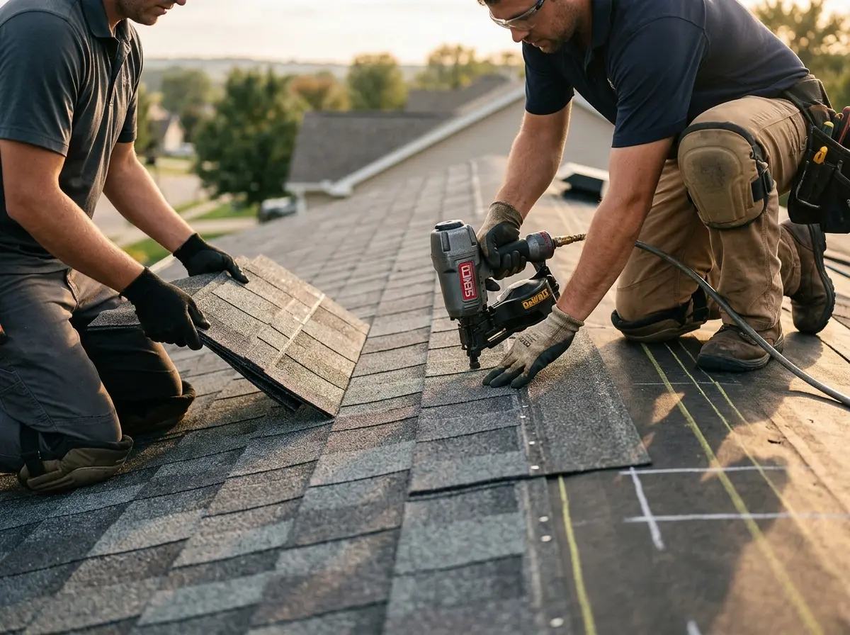 Professional roofer working on a residential roof in Glocester